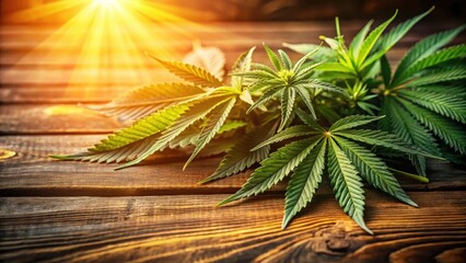 Dense marijuana plant leaves on a wooden table with a warm light source , botanicals, foliage,  botanicals, foliage