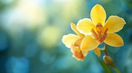 Two vibrant yellow orchids bloom in soft, natural light against a blurred teal background.