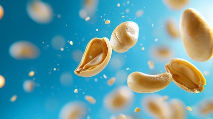 Peanuts in Flight on Blue Background