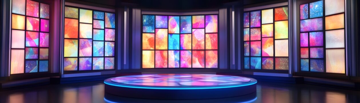 Colorful, interactive display wall backdrop scene.
