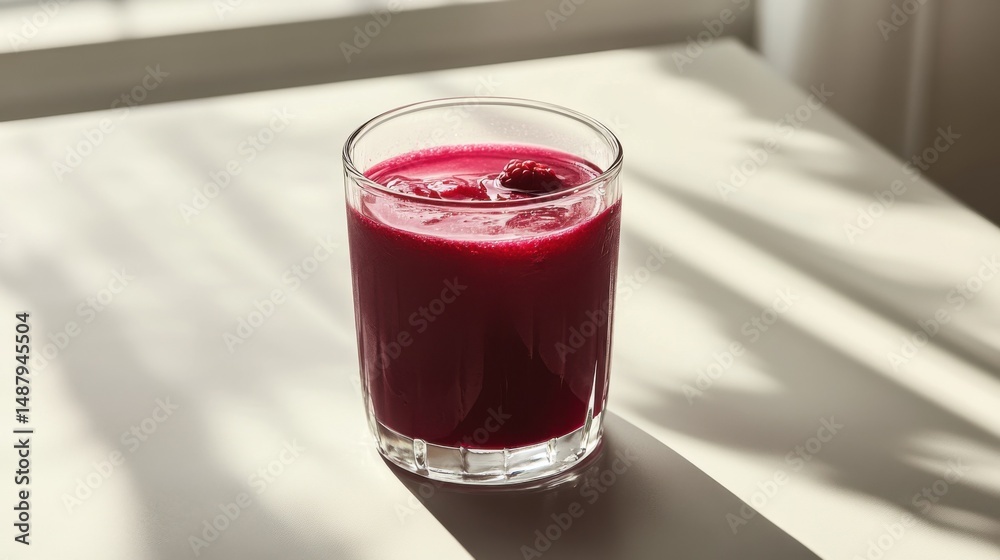 Poster Refreshing raspberry juice in a glass on a bright table, illuminated by sunlight streaming through a window, creating soft shadows. : Generative AI
