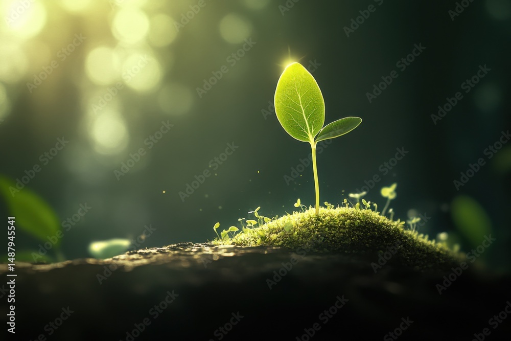 Aufkleber a single vibrant green sprout emerges from mossy earth, bathed in soft sunlight filtering through a 