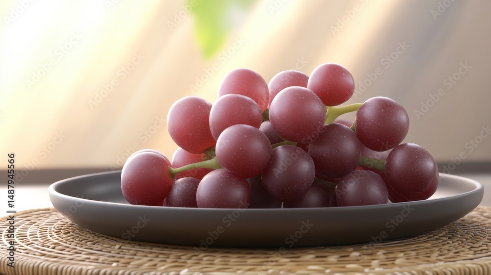 Poster A cluster of ripe red grapes rests on a dark gray plate, bathed in soft sunlight streaming through a nearby window. : Generative AI
