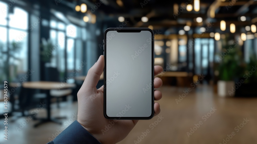 Poster person holding smartphone with blank screen in modern office environment, showcasing app mockup or w