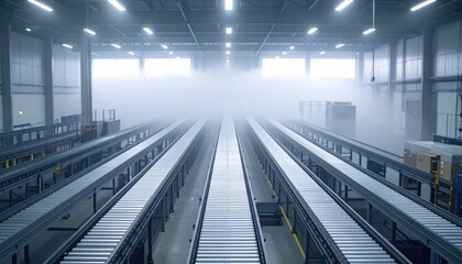 Obraz premium Sprawling Warehouse with Conveyor Belts in Rolling Fog Atmosphere