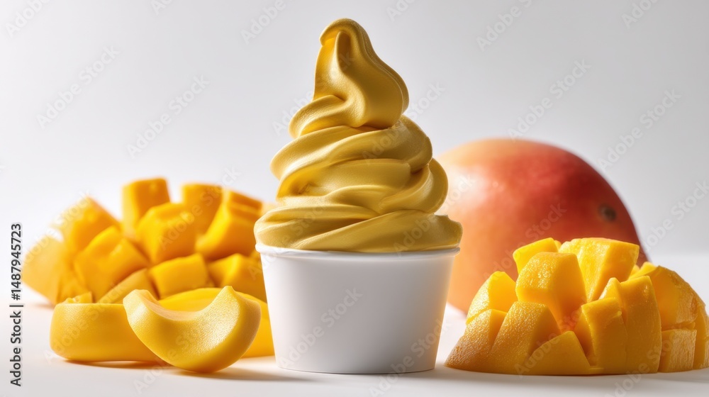Aufkleber a refreshing cup of mango soft serve ice cream sits beside chunks of ripe mango fruit, creating a vi