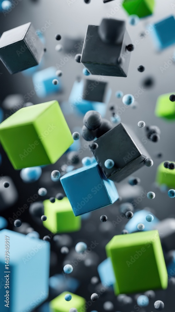 Aufkleber Abstract 3D rendering of vibrant green, blue, and gray cubes and spheres floating in a dark space, creating a dynamic and modern composition. : Generative AI