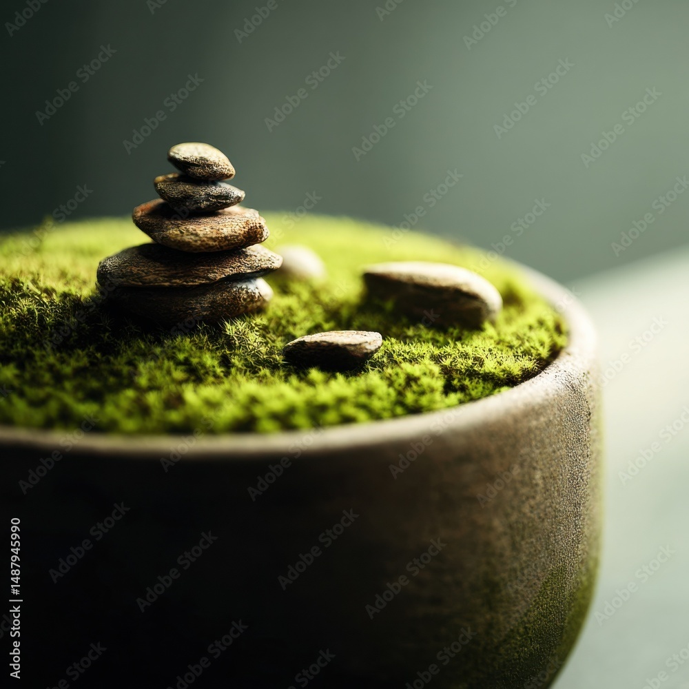 Aufkleber serene stones balanced on moss in a rustic brown bowl, creating a tranquil zen garden scene perfect 