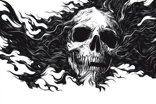 Intricate black and white skull design with flowing smoke.