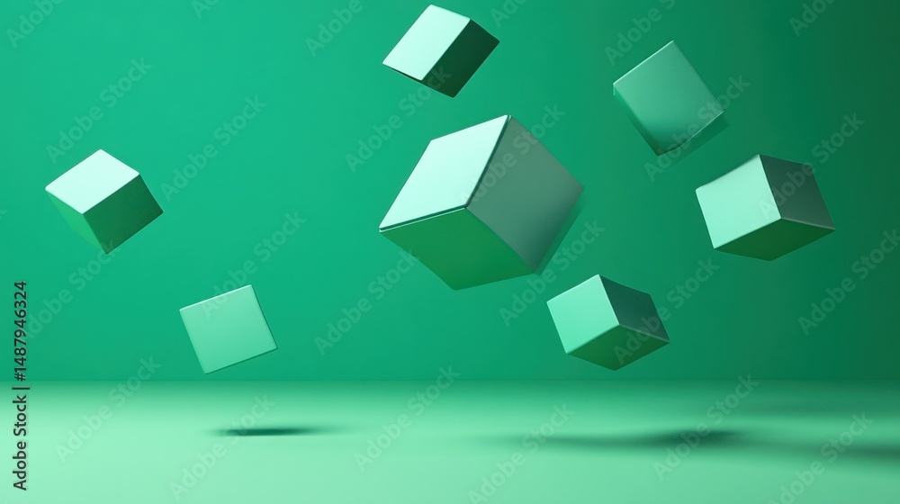 Poster seven teal cubes levitate against a jade green background, creating a minimalist, geometric composit