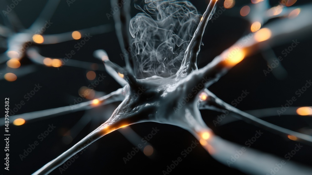 Poster Microscopic view of a neuron with glowing synapses and smoke-like substance, detailed 3D rendering of neural network activity. : Generative AI