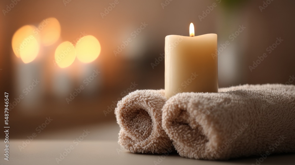 Aufkleber spa ambiance: a lit candle rests gently atop two beige rolled towels, soft lighting and a blurred ba