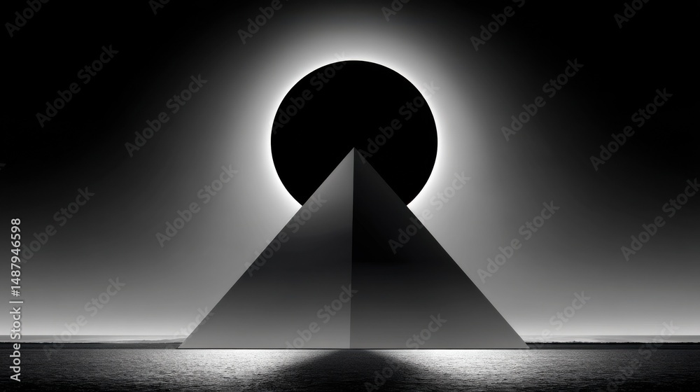 Poster monochromatic pyramid silhouetted against a dark circle, reminiscent of a solar eclipse, stands maje