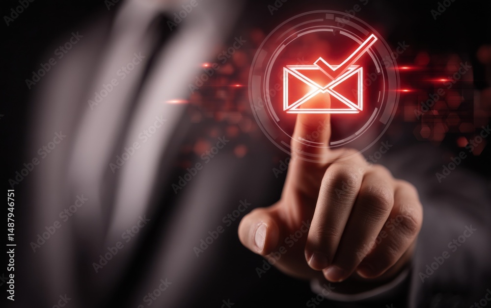Aufkleber Businessperson's finger interacts with a glowing red email icon on a futuristic interface, signifying digital communication and online messaging. : Generative AI