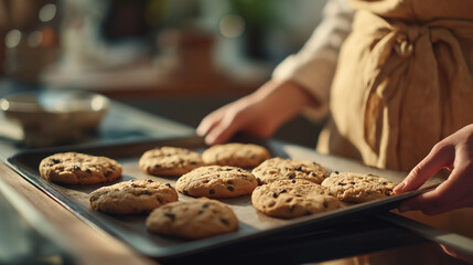 Freshly Baked Chocolate Chip Cookies: A warm, inviting scene showcasing a tray of freshly baked chocolate chip cookies.