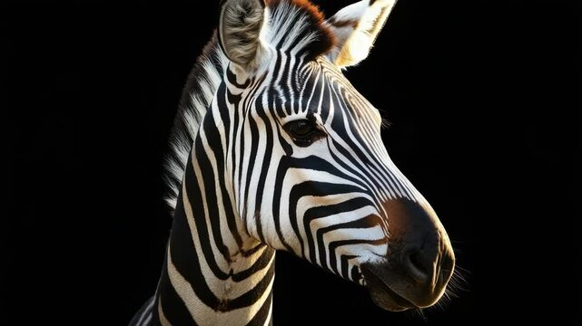 Close-up shot of a zebra's head against a black background