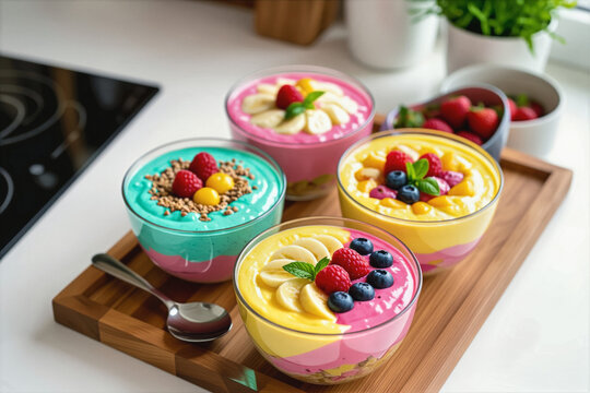 Four colorful smoothie bowls, topped with fresh fruit and granola, are artfully arranged on a wooden tray in a modern kitchen setting. - Powered by Adobe