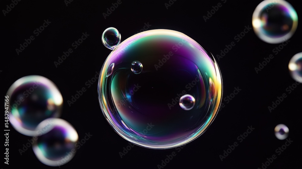 Aufkleber https://s.mj.run/pnafpgtljqm floating 3d irradecent bubbles perfectly round on a black background --