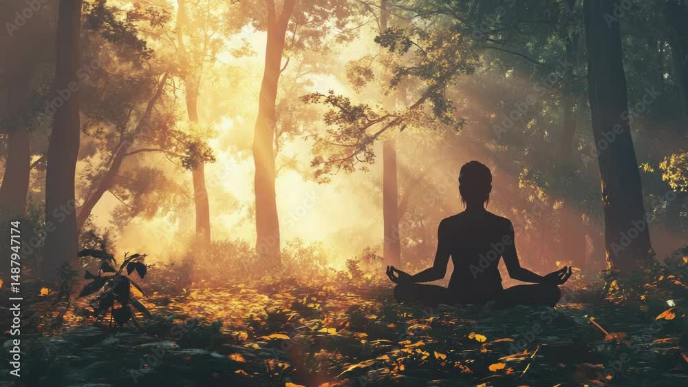 Poster a person sits alone in the center of a dense forest, surrounded by trees and foliage