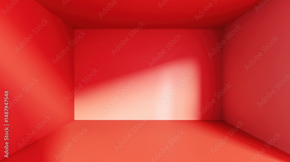 Poster A minimalist digital rendering of an empty red room, showcasing a subtle gradient and light source creating a soft shadow on one wall.  Ideal for background or product placement. : Generative AI