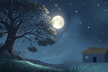 Moonlit Night in the Countryside,This is a serene, digitally illustrated night scene that captures the peaceful beauty of nature under the moonlight © Mahmudul