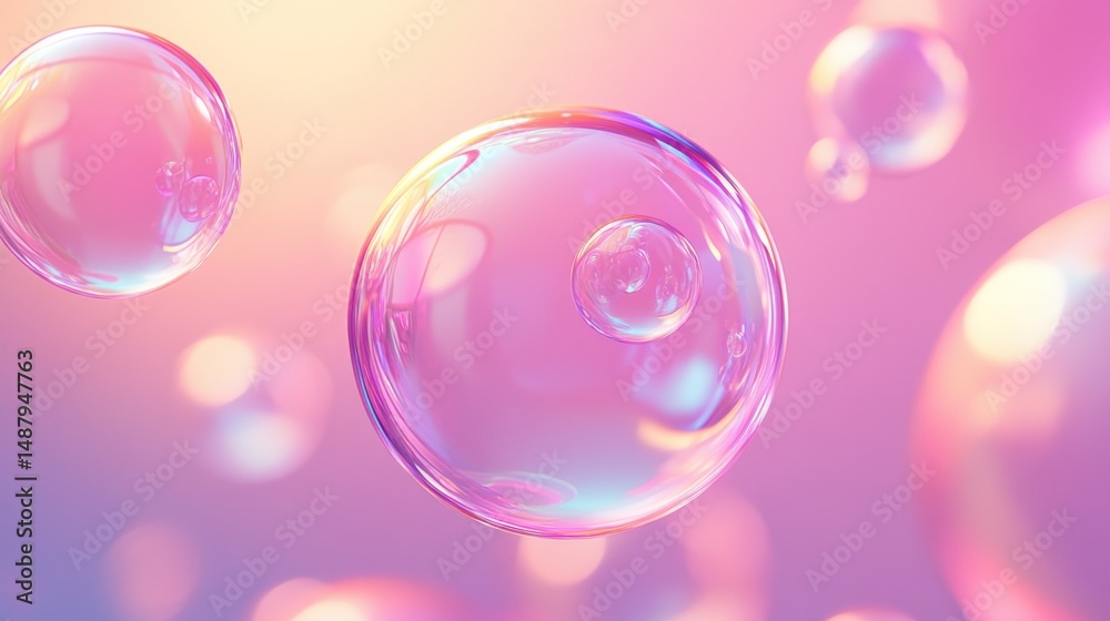 Leinwandbilder close-up view of iridescent soap bubbles floating against a soft pink and orange background, showcas