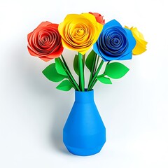 Colorful paper rose flowers in a blue vase against a white background photo
