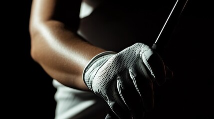 Close-up of a golfer's hand gripping a golf club, wearing a white perforated leather glove, dramatic lighting against a black background. : Generative AI