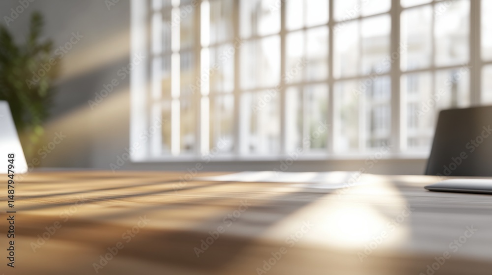 Poster sunlight streams through large windows onto a modern wooden office desk, illuminating papers and a l