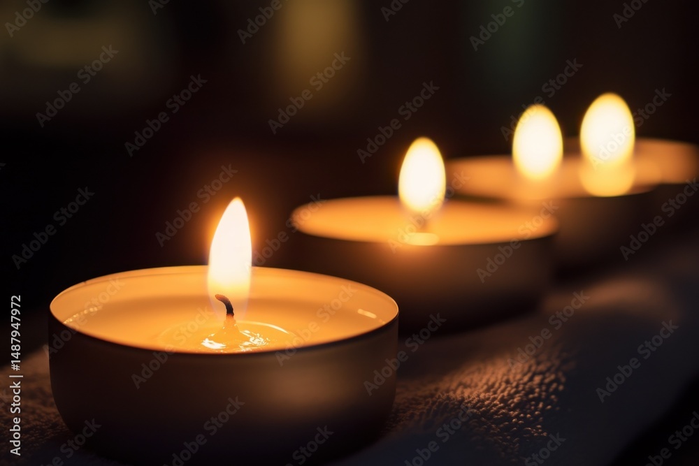Poster three lit tea light candles glow softly on a textured surface, creating a warm and peaceful ambiance