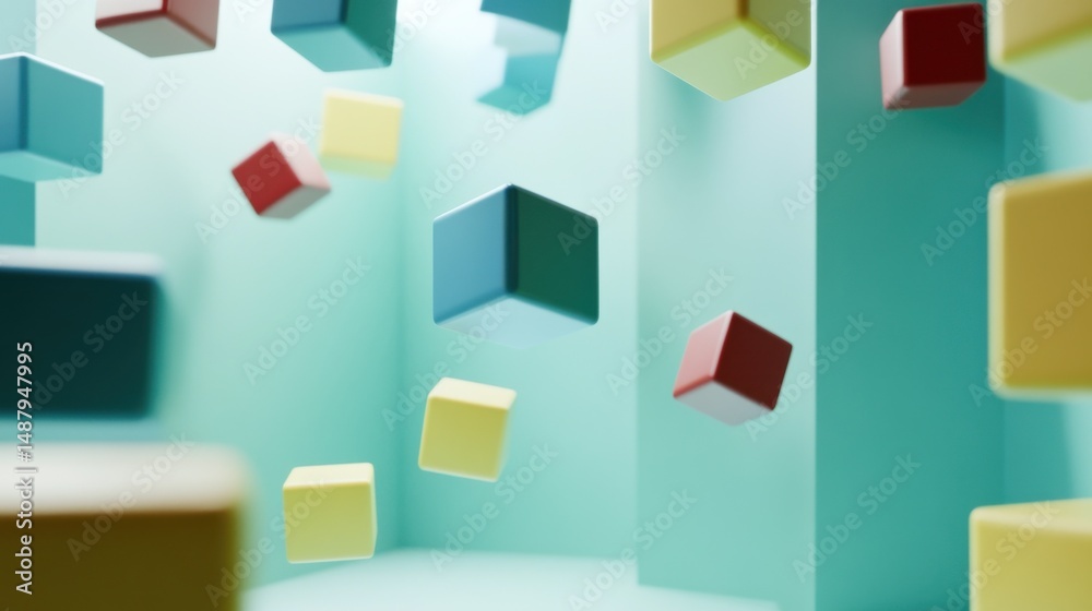 Leinwandbilder floating colorful cubes in a teal room, a vibrant 3d rendered abstract image showcasing various shad