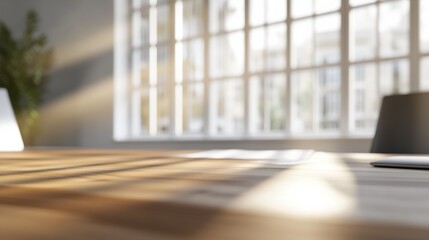 Fototapeta premium Sunlight streams through large windows onto a modern wooden office desk, illuminating papers and a laptop; a blurred background suggests a city view. : Generative AI