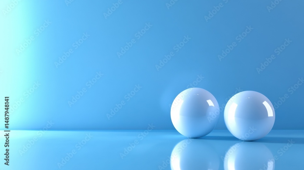 Aufkleber two glossy white spheres rest on a reflective light blue surface, illuminated by a soft light from t