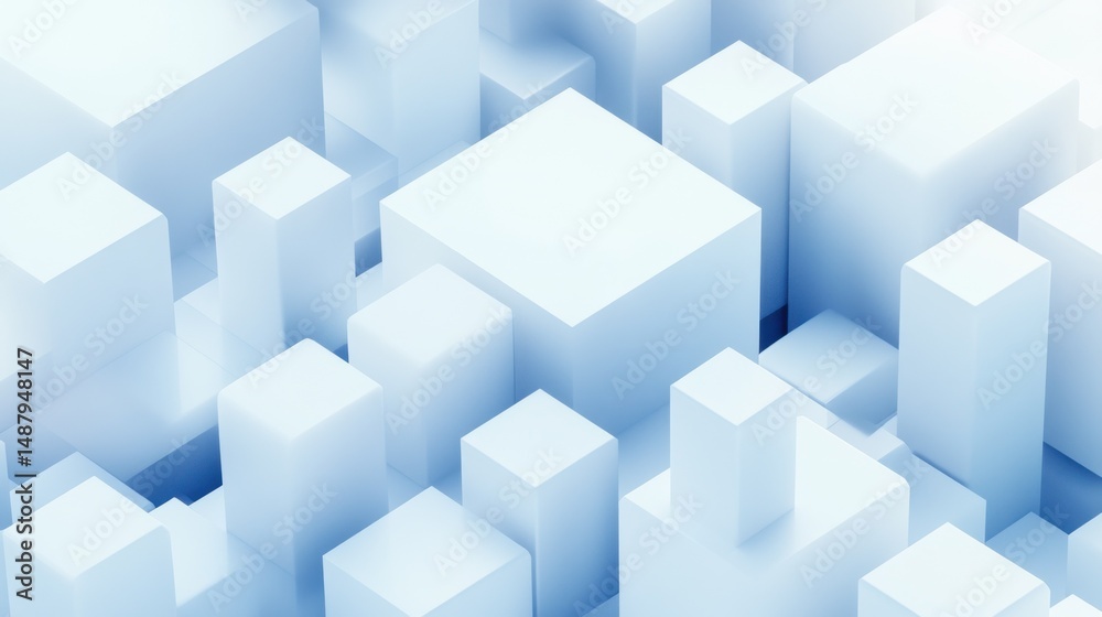 Poster Abstract 3D rendering of a city skyline composed of light blue cubes, creating a modern and minimalist architectural design. : Generative AI