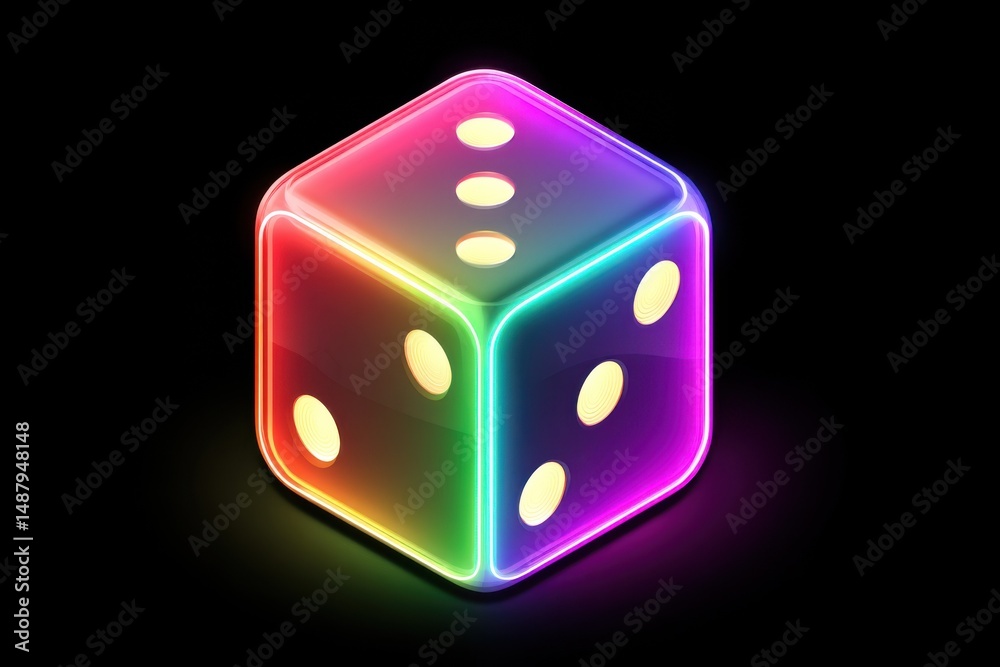 Poster https://s.mj.run/olwv-dqnsms a neon rainbow dice on black background --chaos 5 --ar 3:2 --raw --sref