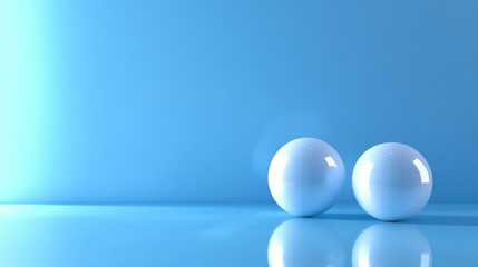 Two glossy white spheres rest on a reflective light blue surface, illuminated by a soft light from the left, creating a minimalist and serene scene. : Generative AI