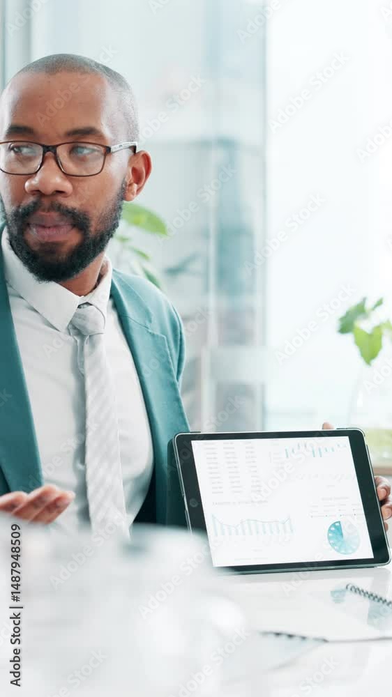Poster meeting, trader or black man with tablet screen for charts, stock market and graphs for presentation