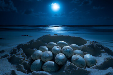 Obraz premium A cluster of sea turtle eggs nestled in sandy beach at night under a glowing moonlight
