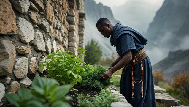 Monk tending thoughtfully to plants in a mountain garden