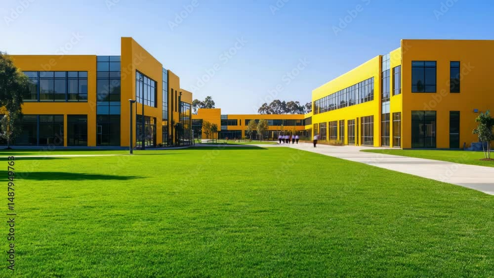 Poster lush green field with a large yellow building situated on top