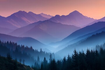 Obraz premium Mountains landscape with trees and misty atmosphere