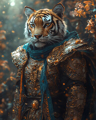 Fantasy Elf Tiger in Ornamental Art Nouveau Armor with Celestial Pastel Light