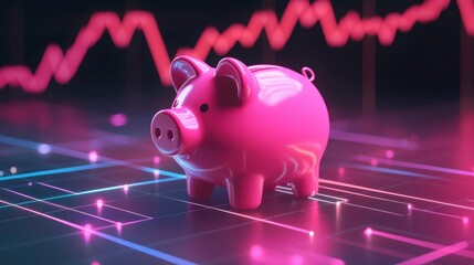 Pink piggy bank on a digital background with a red stock market graph showing a decline.