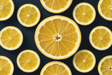 Fototapeta premium Sliced lemons are arranged in a circular pattern against a black backdrop, creating an eye-catching and vibrant visual.