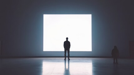 Obraz premium Silhouettes Facing a Bright Square Canvas in a Dark Room