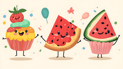 Cute cartoon characters of a cupcake, watermelon slice, and cupcake slice celebrating with balloons