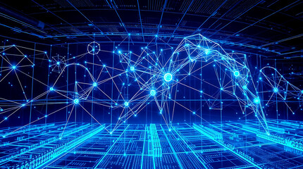 Futuristic digital interface with AI and neural network visualization background