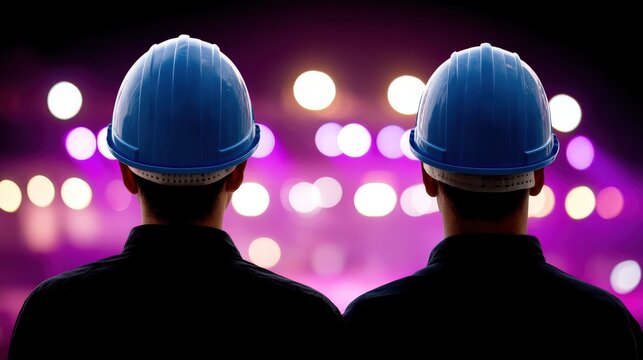 Two construction workers with blue hard hats observing a colorful stage lighting display in an event environment symbolizing teamwork dedication and safety in a vibrant atmosphere