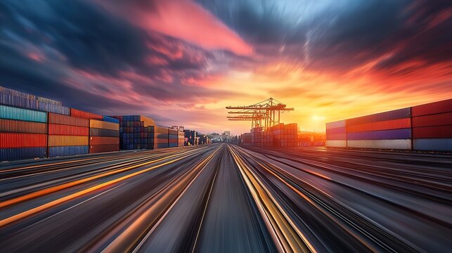 Industrial landscape with cargo containers and logistic transportation under colorful sunset sky, cinematic lighting, photo realistic 8K masterful composition, 8k resolution