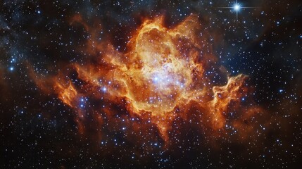 Obraz premium Fiery orange nebula with bright central star cluster surrounded by cosmic dust and stars.